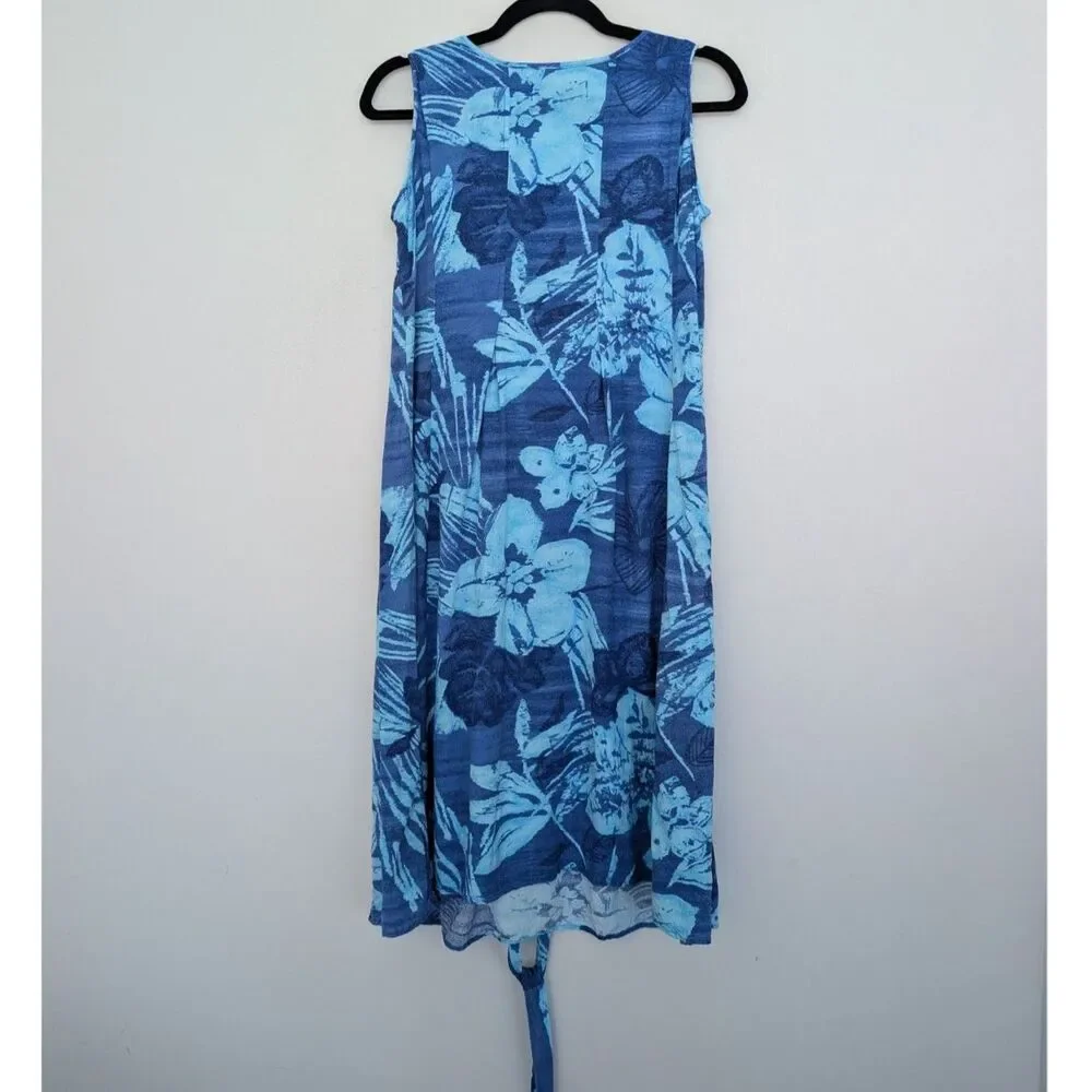 Jams World Blue Tropical Floral Print Sleeveless Babydoll Tie Dress Sz M